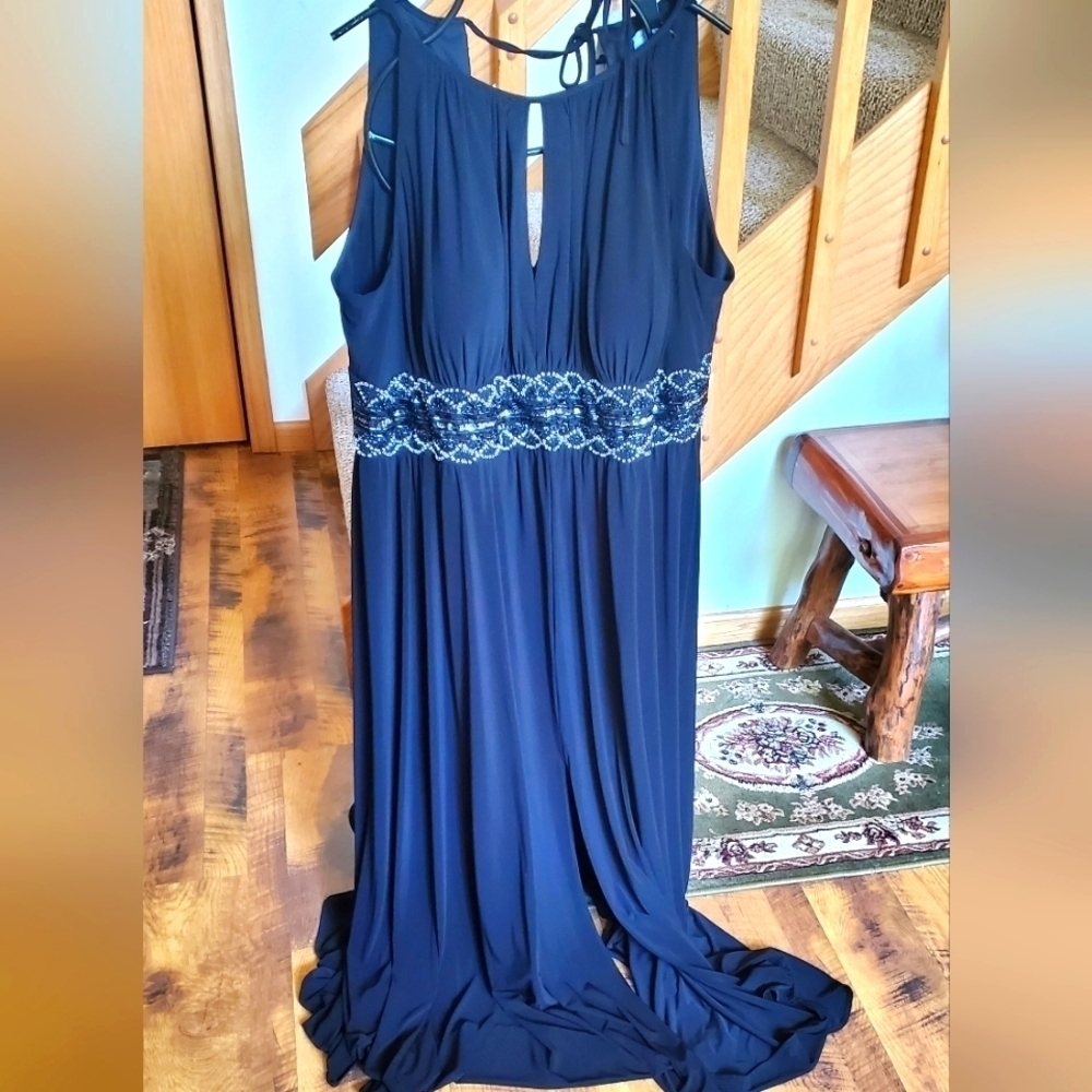 R&M Richards Womens Black Beaded Empire Waist Halter Maxi Gown Dress 22W NWT